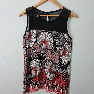 INC International Concepts Black and Red Print Top with a Sheer Black Accent